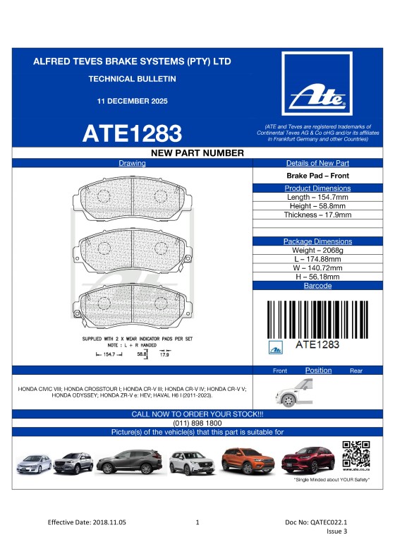 ATE1283 NEW! Brake Pad for Honda Civic VIII, Honda Crosstour I, Honda CR-V, Honda Odyssey, Honda ZR-V e: HEV, Haval H6 I. featured image